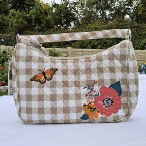Vera Bradley Beige Checkered Bag with Floral and Butterfly Design